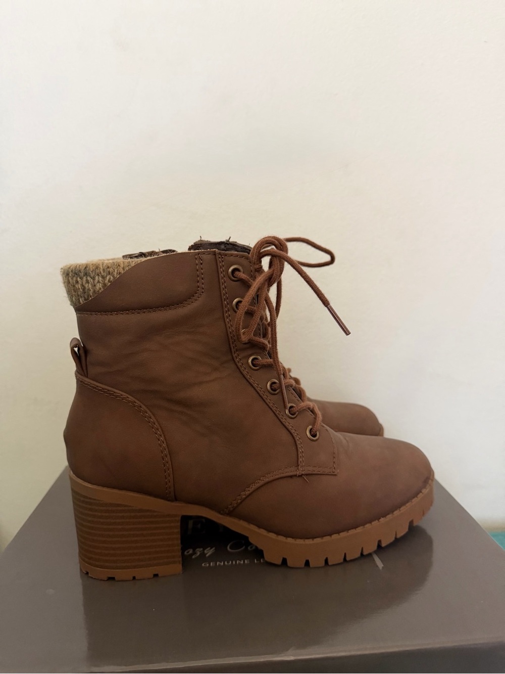 Soda Brown Lace-Up Block Heel Ankle Boots
